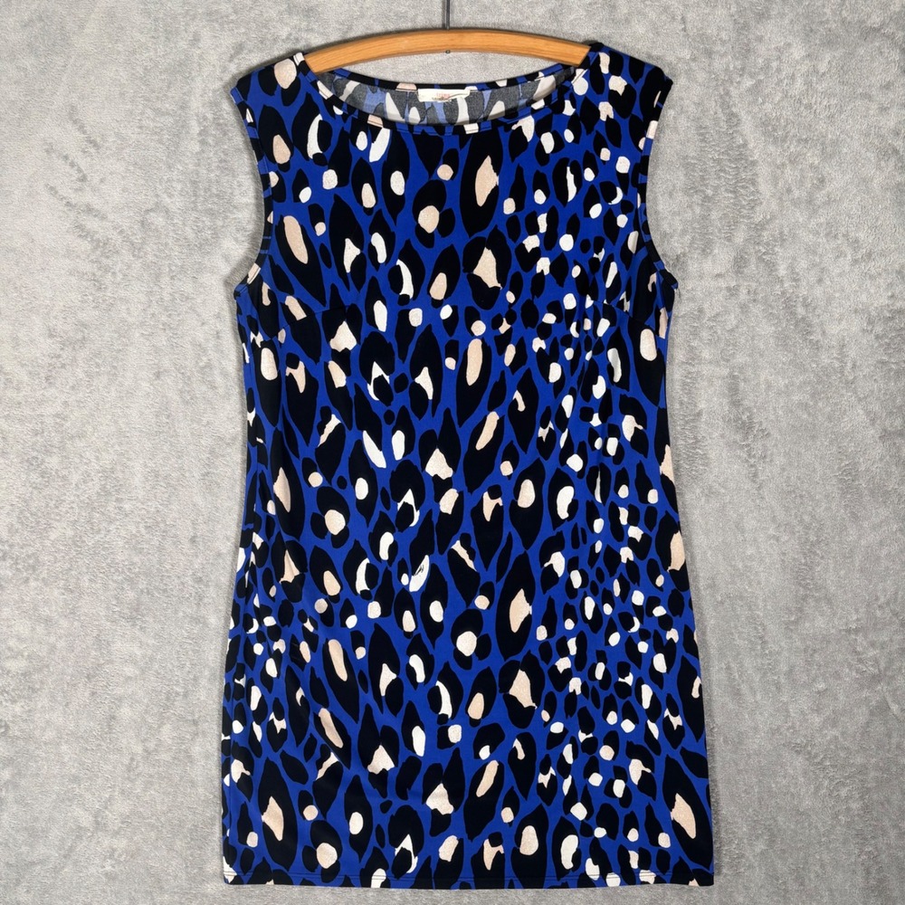 Trina‎ Turk Blue Black Leopard Print Sleeveless Shift Dress Large L Resortwear